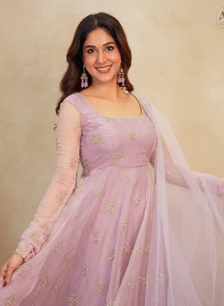 Lavender Soft Organza Hand-Embroidered Gown Set with Full Sleeves, Cotton Lining, Micro Cotton Pants & Matching Dupatta ClothsVilla
