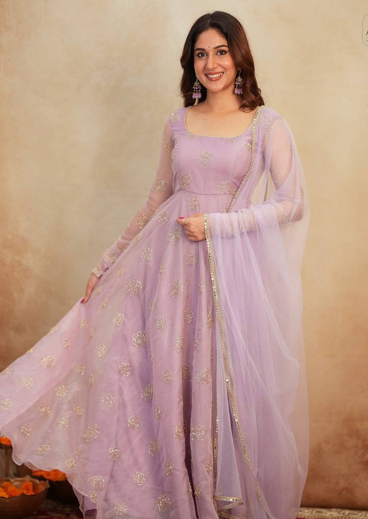 Lavender Soft Organza Hand-Embroidered Gown Set with Full Sleeves, Cotton Lining, Micro Cotton Pants & Matching Dupatta ClothsVilla