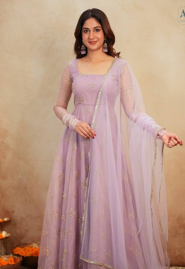 Lavender Soft Organza Hand-Embroidered Gown Set with Full Sleeves, Cotton Lining, Micro Cotton Pants & Matching Dupatta ClothsVilla