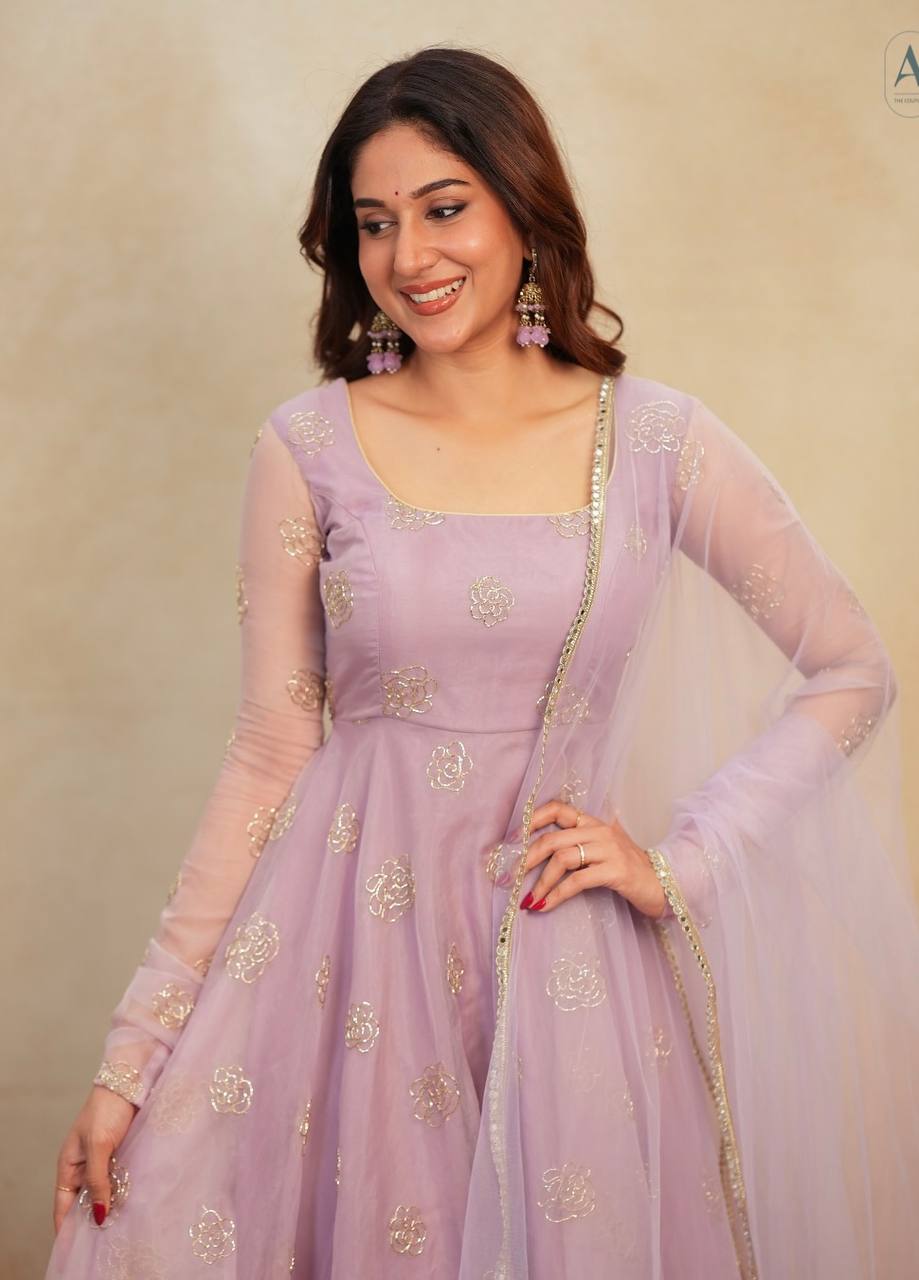 Lavender Soft Organza Hand-Embroidered Gown Set with Full Sleeves, Cotton Lining, Micro Cotton Pants & Matching Dupatta ClothsVilla