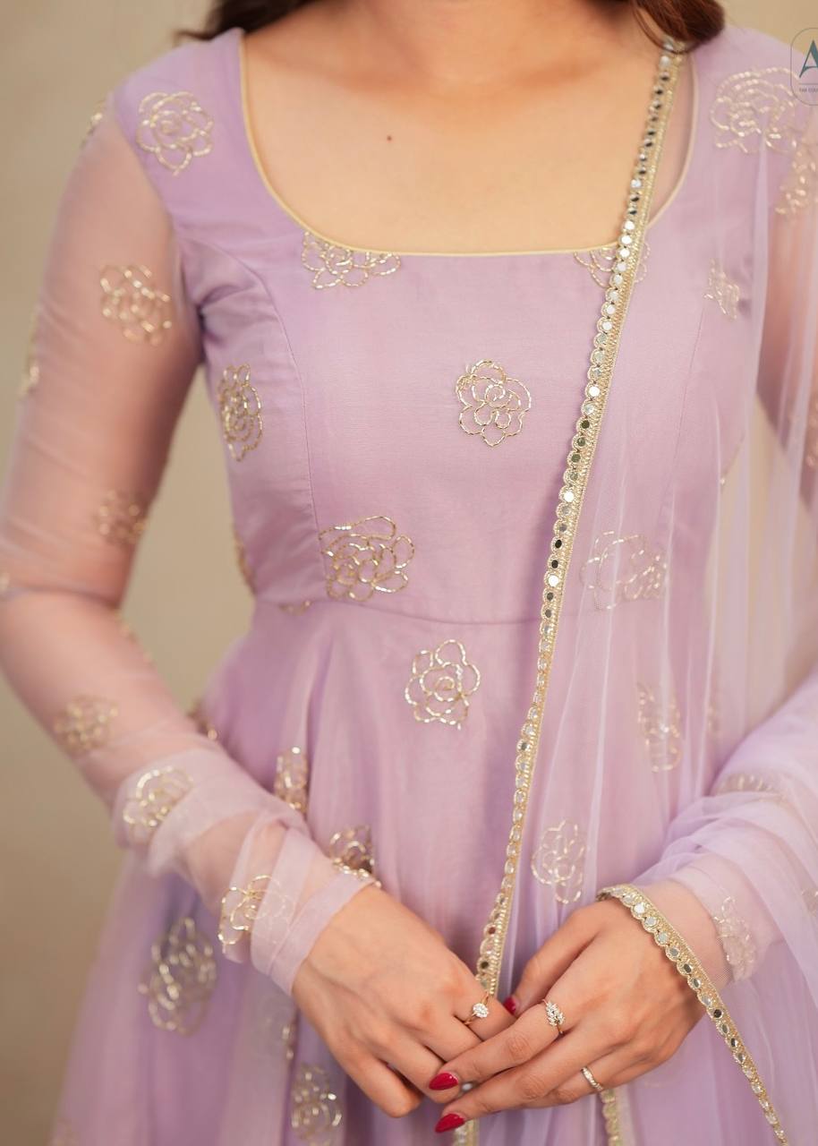 Lavender Soft Organza Hand-Embroidered Gown Set with Full Sleeves, Cotton Lining, Micro Cotton Pants & Matching Dupatta ClothsVilla