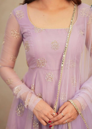 Lavender Soft Organza Hand-Embroidered Gown Set with Full Sleeves, Cotton Lining, Micro Cotton Pants & Matching Dupatta ClothsVilla
