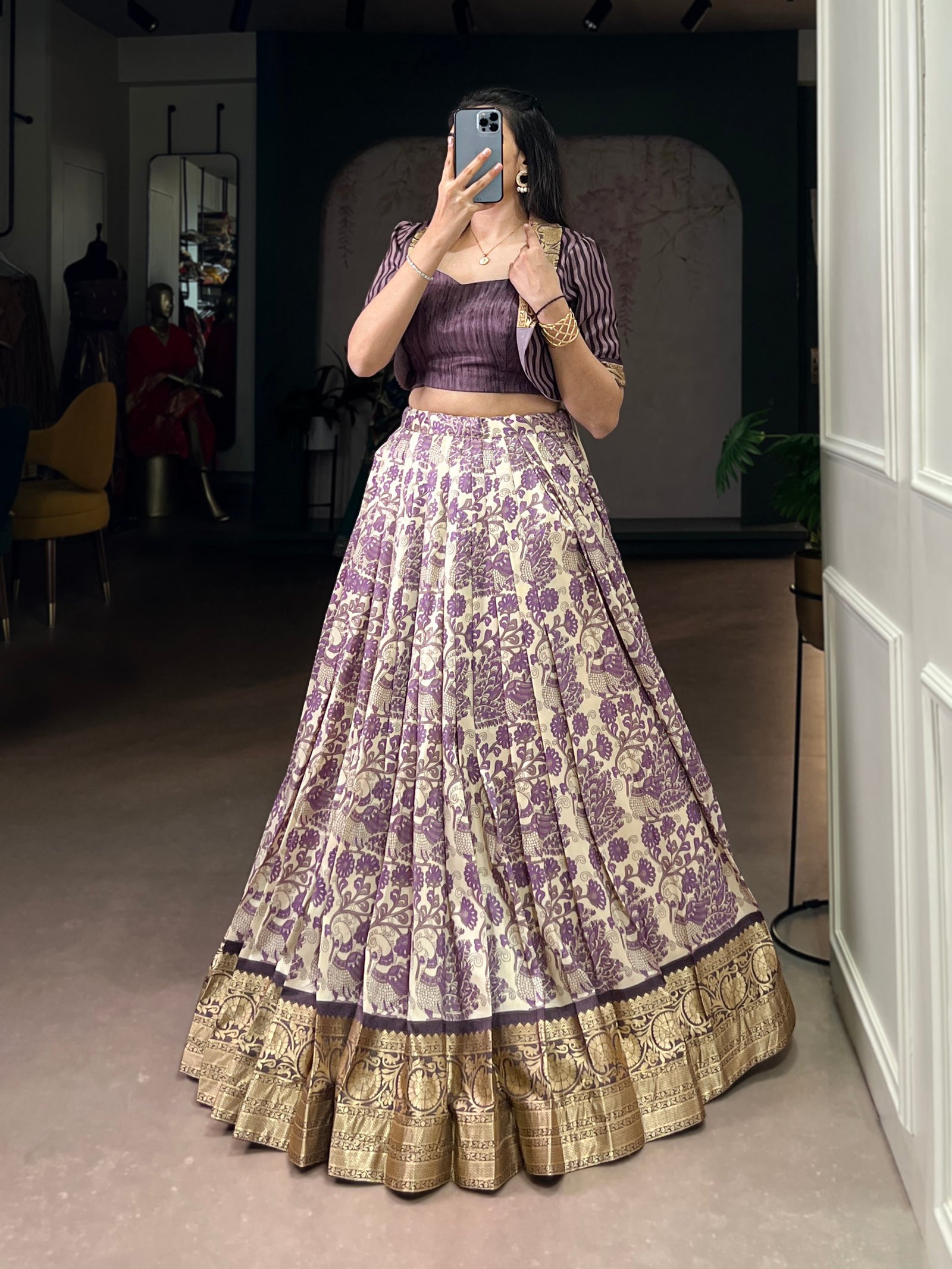 Lavender Tasar Silk Printed Lehenga Choli