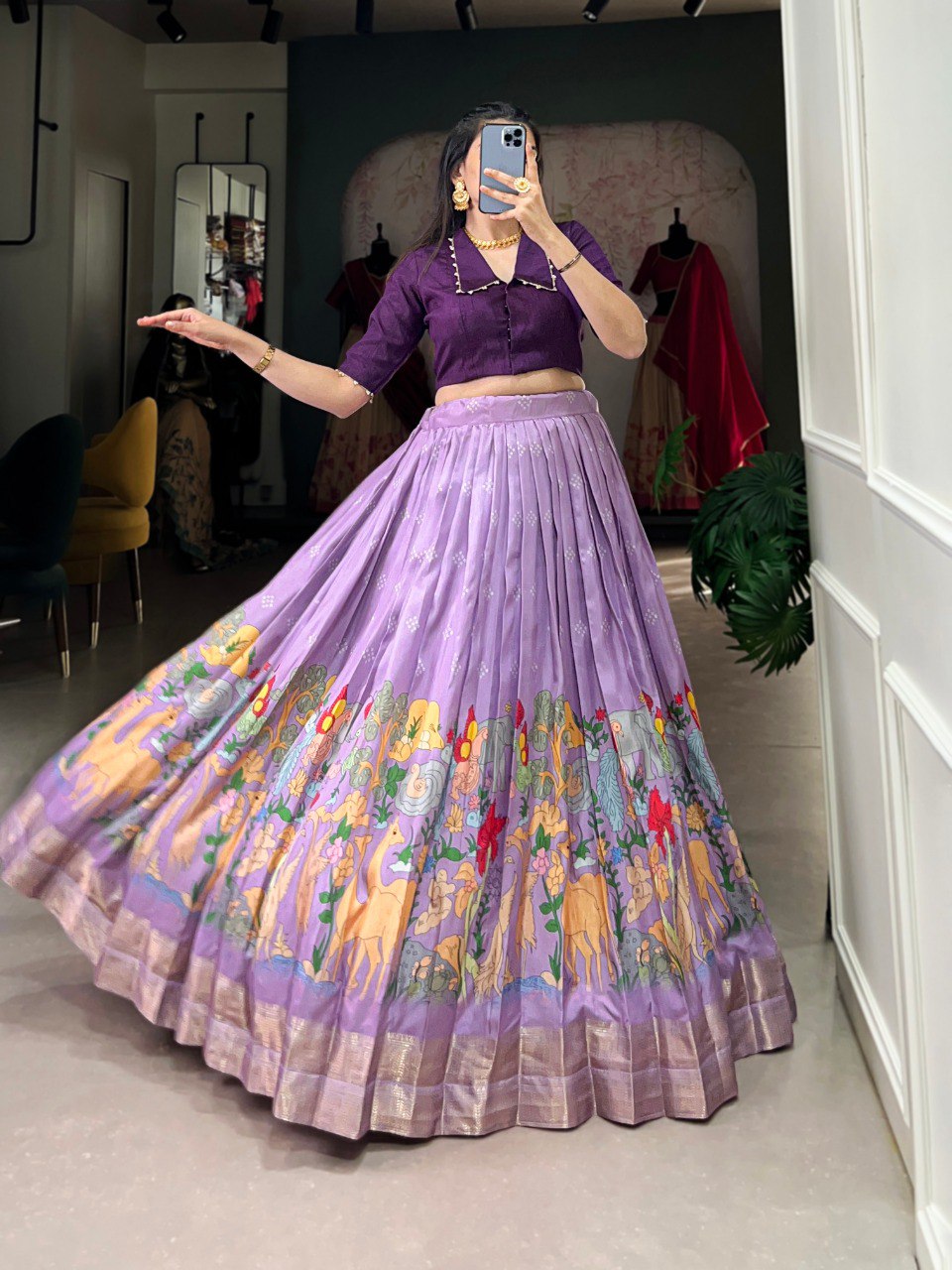 Lavender Timeless Elegance Dola Silk Kalamkari Lehenga Set Main image