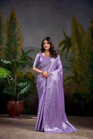 Lavender Timeless Kanjivaram Saree with Exquisite Zari Weaving ClothsVilla