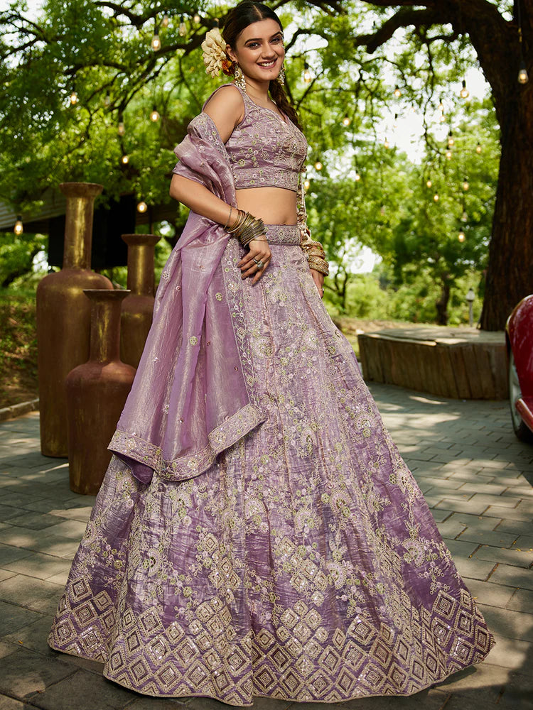 Lavender Tissue Lehenga Choli Set with Heavy Sequin & Thread Embroidery  Semi-Stitched Full Flare Lehenga with Ethnic Dupatta ClothsVilla