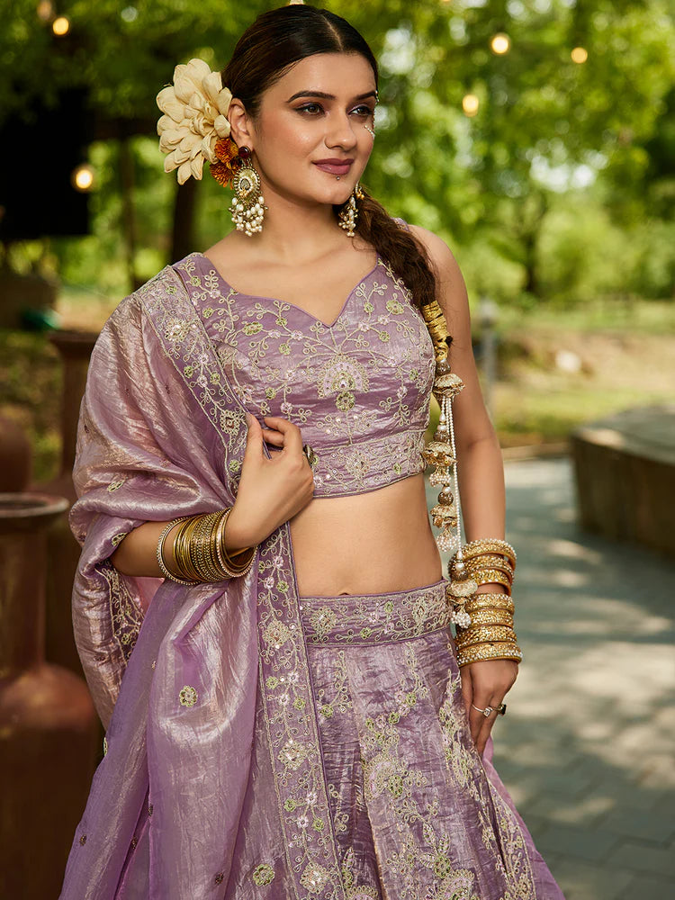 Lavender Tissue Lehenga Choli Set with Heavy Sequin & Thread Embroidery  Semi-Stitched Full Flare Lehenga with Ethnic Dupatta ClothsVilla