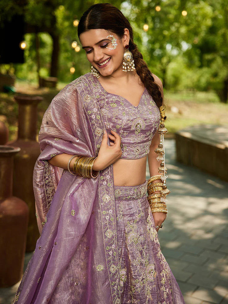 Lavender Tissue Lehenga Choli Set with Heavy Sequin & Thread Embroidery  Semi-Stitched Full Flare Lehenga with Ethnic Dupatta ClothsVilla