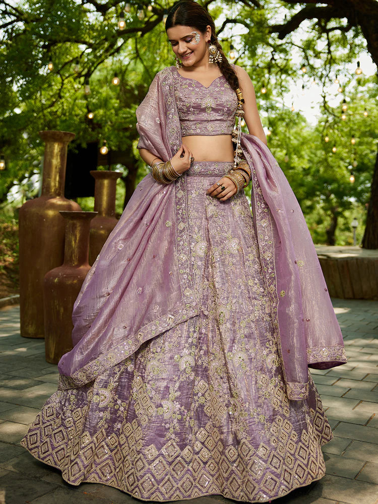 Lavender Tissue Lehenga Choli Set with Heavy Sequin & Thread Embroidery  Semi-Stitched Full Flare Lehenga with Ethnic Dupatta ClothsVilla