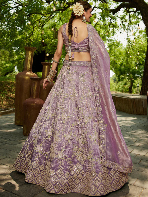 Lavender Tissue Lehenga Choli Set with Heavy Sequin & Thread Embroidery  Semi-Stitched Full Flare Lehenga with Ethnic Dupatta ClothsVilla
