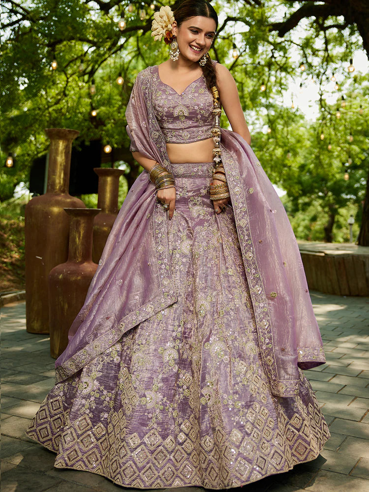 Lavender Tissue Lehenga Choli Set with Heavy Sequin & Thread Embroidery  Semi-Stitched Full Flare Lehenga with Ethnic Dupatta ClothsVilla