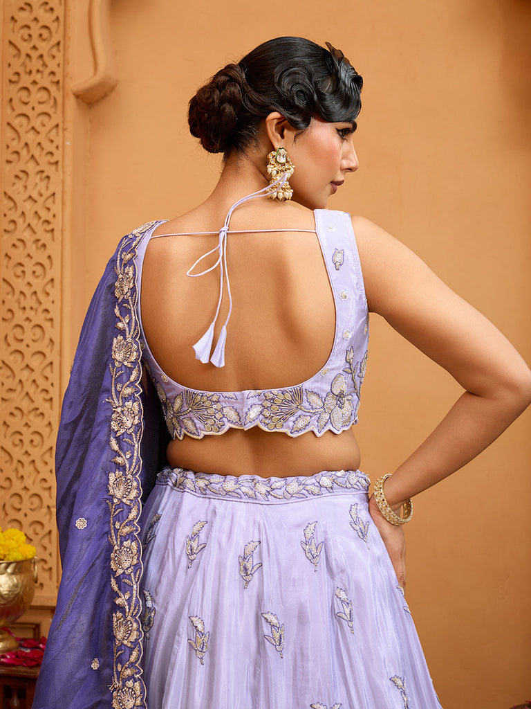 Lavender Tissue Lehenga Choli with Navy Blue Dupatta – Sequin, Beads & Thread Embroidery Work Semi-Stitched Festive & Party Wear ClothsVilla