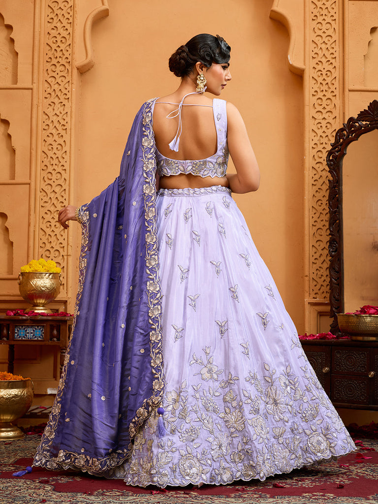 Lavender Tissue Lehenga Choli with Navy Blue Dupatta – Sequin, Beads & Thread Embroidery Work Semi-Stitched Festive & Party Wear ClothsVilla