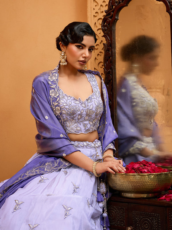 Lavender Tissue Lehenga Choli with Navy Blue Dupatta – Sequin, Beads & Thread Embroidery Work Semi-Stitched Festive & Party Wear ClothsVilla