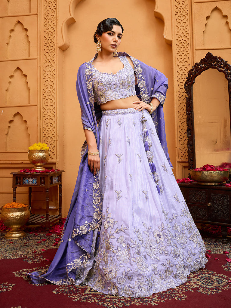 Lavender Tissue Lehenga Choli with Navy Blue Dupatta – Sequin, Beads & Thread Embroidery Work Semi-Stitched Festive & Party Wear ClothsVilla