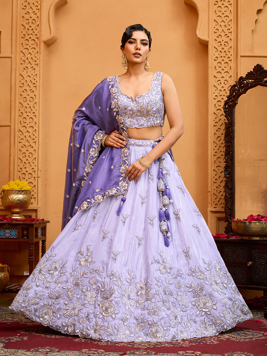 Lavender Tissue Lehenga Choli with Navy Blue Dupatta – Sequin, Beads & Thread Embroidery Work Semi-Stitched Festive & Party Wear ClothsVilla Main image