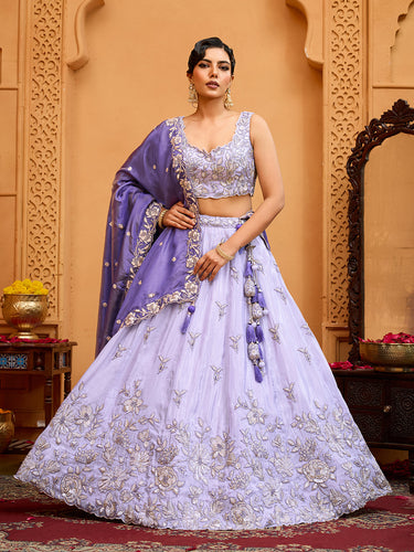 Lavender Tissue Lehenga Choli with Navy Blue Dupatta – Sequin, Beads & Thread Embroidery Work Semi-Stitched Festive & Party Wear ClothsVilla