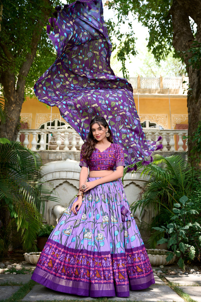 Lavender Tussar Silk Lehenga Choli with Pichwai & Patola Prints ClothsVilla