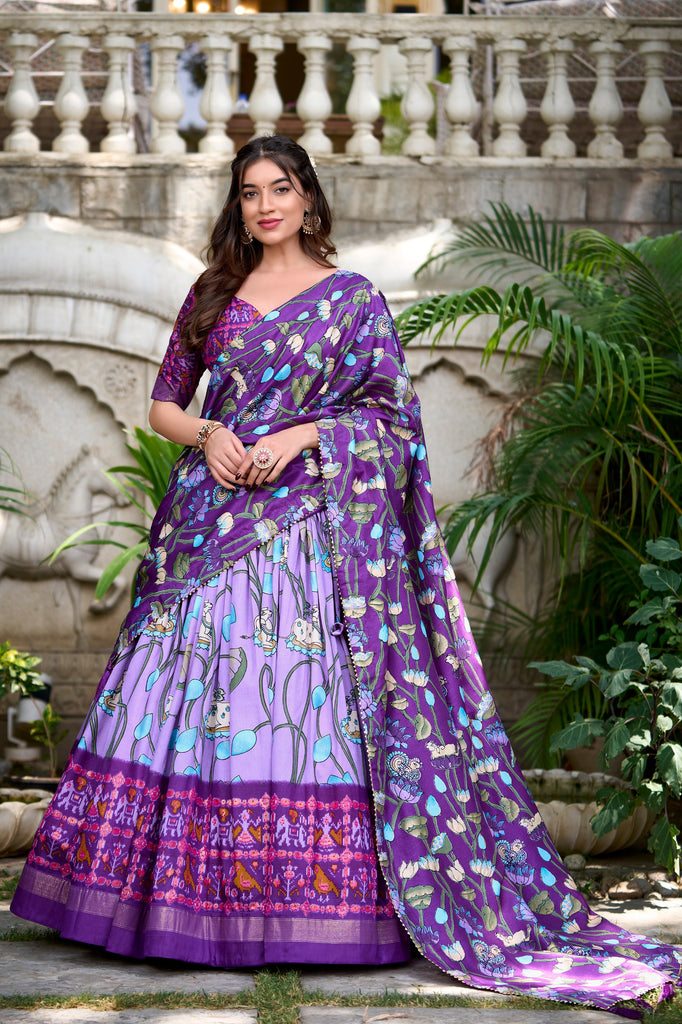 Lavender Tussar Silk Lehenga Choli with Pichwai & Patola Prints ClothsVilla