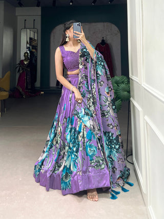 Lavender Vibrant Floral Print Tussar Silk Lehenga Set with Gotta Patti Border & Tassels