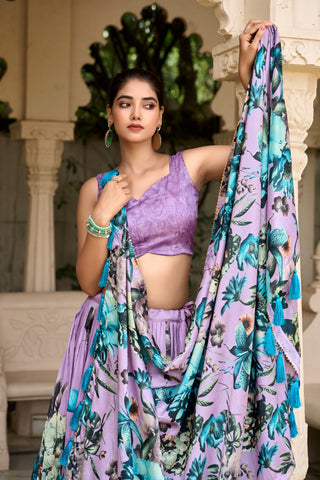 Lavender Vibrant Floral Print Tussar Silk Lehenga Set with Gotta Patti Border & Tassels ClothsVilla