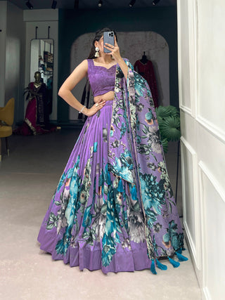 Lavender Vibrant Floral Print Tussar Silk Lehenga Set with Gotta Patti Border & Tassels