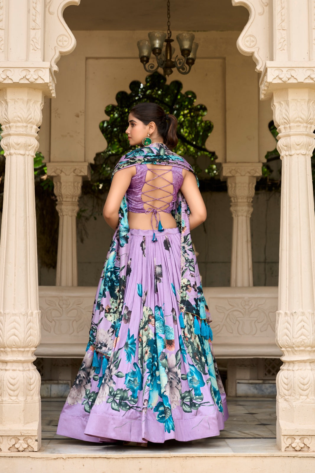 Lavender Vibrant Floral Print Tussar Silk Lehenga Set with Gotta Patti Border & Tassels ClothsVilla