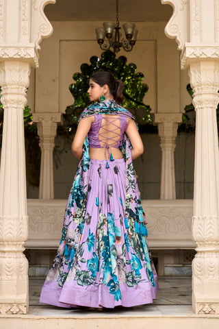 Lavender Vibrant Floral Print Tussar Silk Lehenga Set with Gotta Patti Border & Tassels ClothsVilla