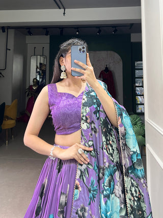 Lavender Vibrant Floral Print Tussar Silk Lehenga Set with Gotta Patti Border & Tassels