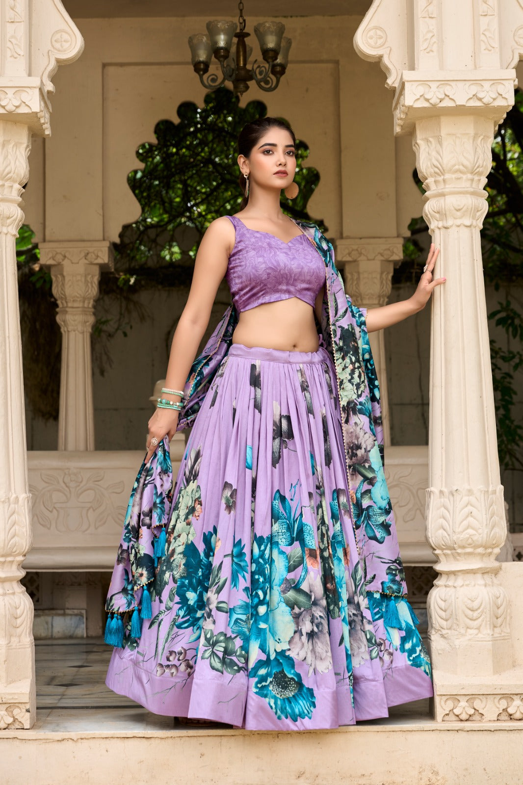Lavender Vibrant Floral Print Tussar Silk Lehenga Set with Gotta Patti Border & Tassels ClothsVilla
