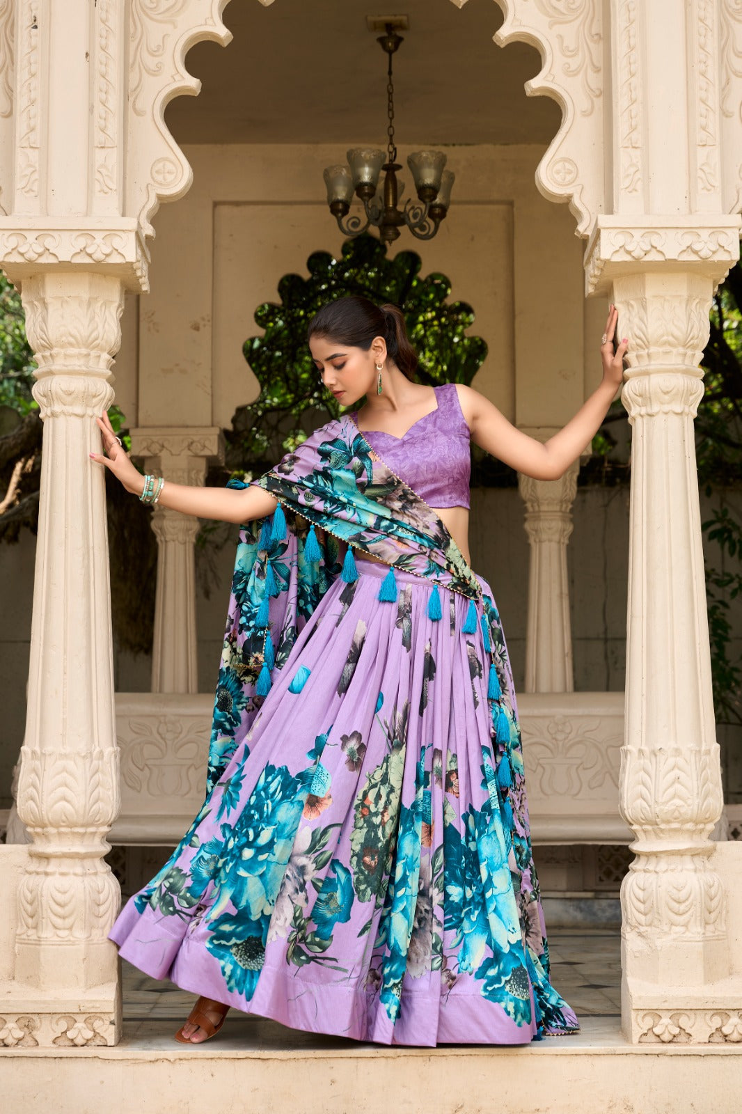Lavender Vibrant Floral Print Tussar Silk Lehenga Set with Gotta Patti Border & Tassels ClothsVilla