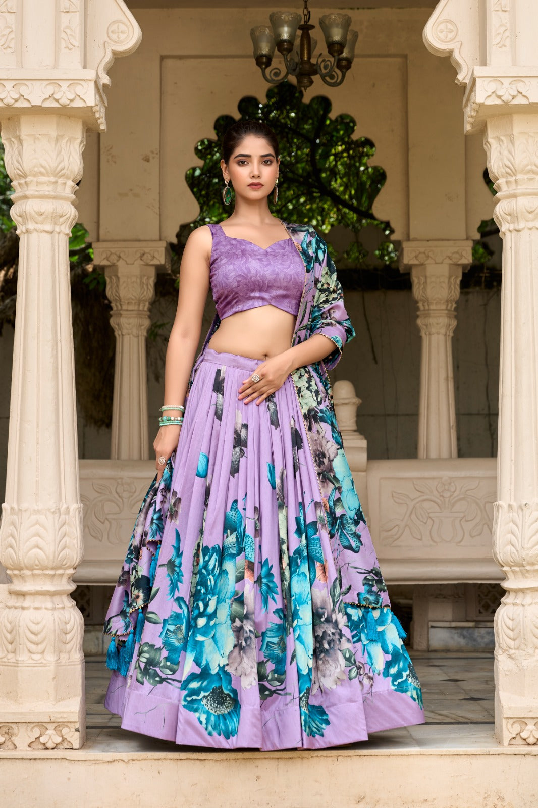 Lavender Vibrant Floral Print Tussar Silk Lehenga Set with Gotta Patti Border & Tassels ClothsVilla