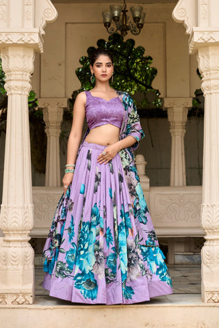 Lavender Vibrant Floral Print Tussar Silk Lehenga Set with Gotta Patti Border & Tassels ClothsVilla
