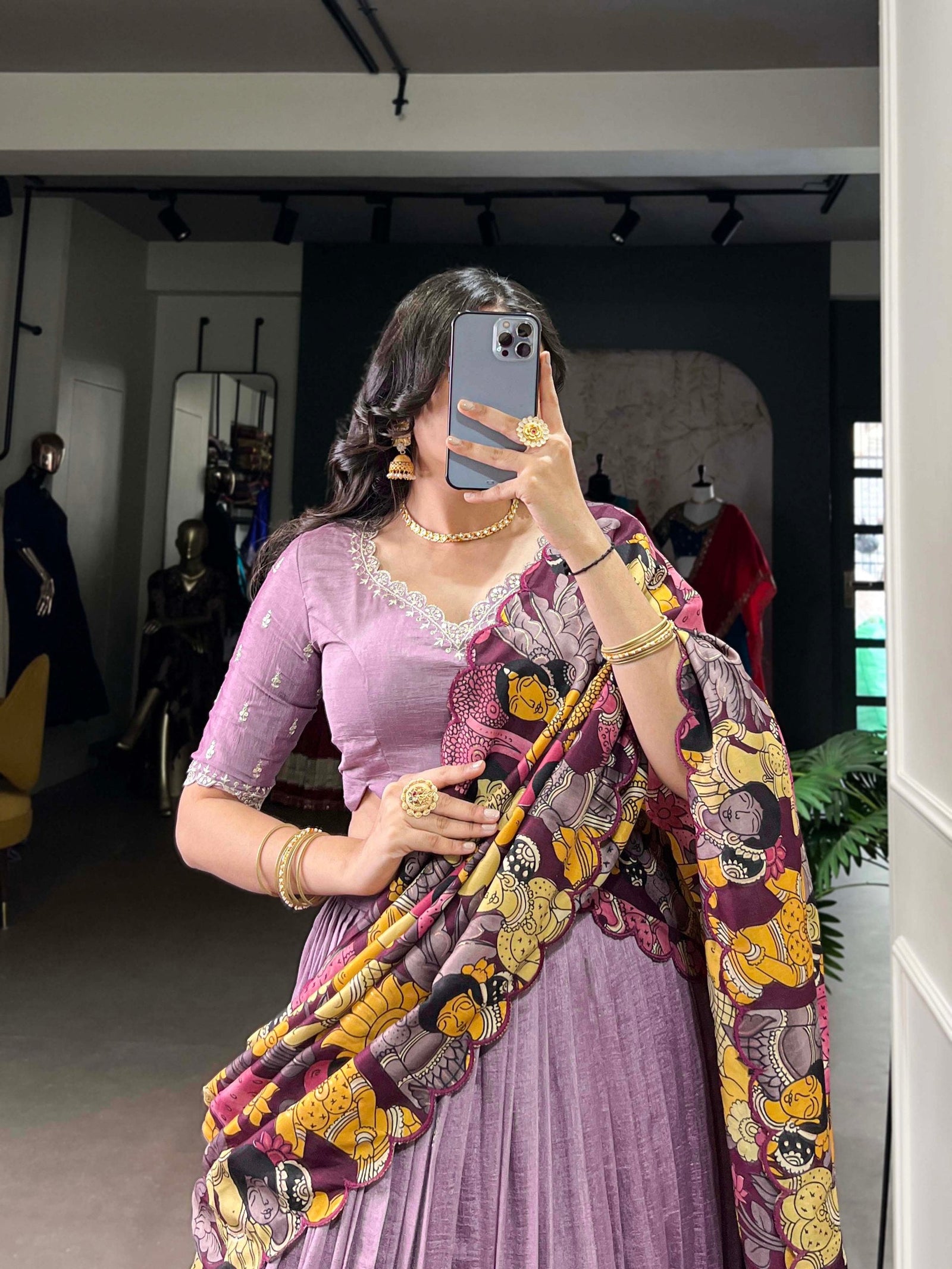 Lavender Vichitra Silk Embroidered Lehenga Set with Kalamkari Print Dupatta ClothsVilla