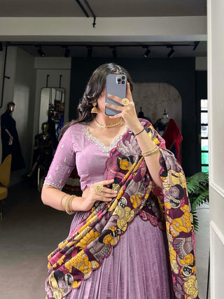 Lavender Vichitra Silk Embroidered Lehenga Set with Kalamkari Print Dupatta ClothsVilla