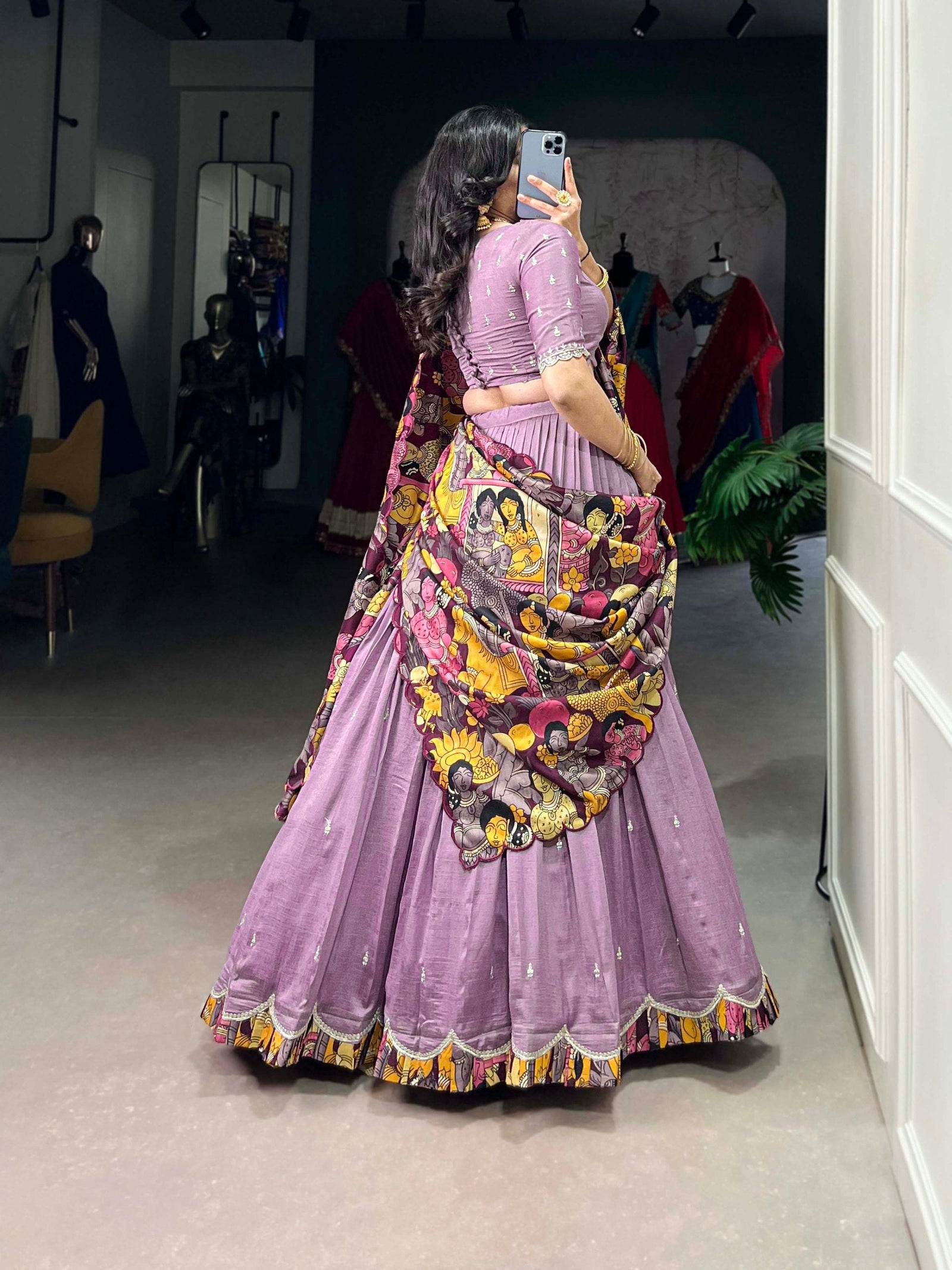 Lavender Vichitra Silk Embroidered Lehenga Set with Kalamkari Print Dupatta ClothsVilla