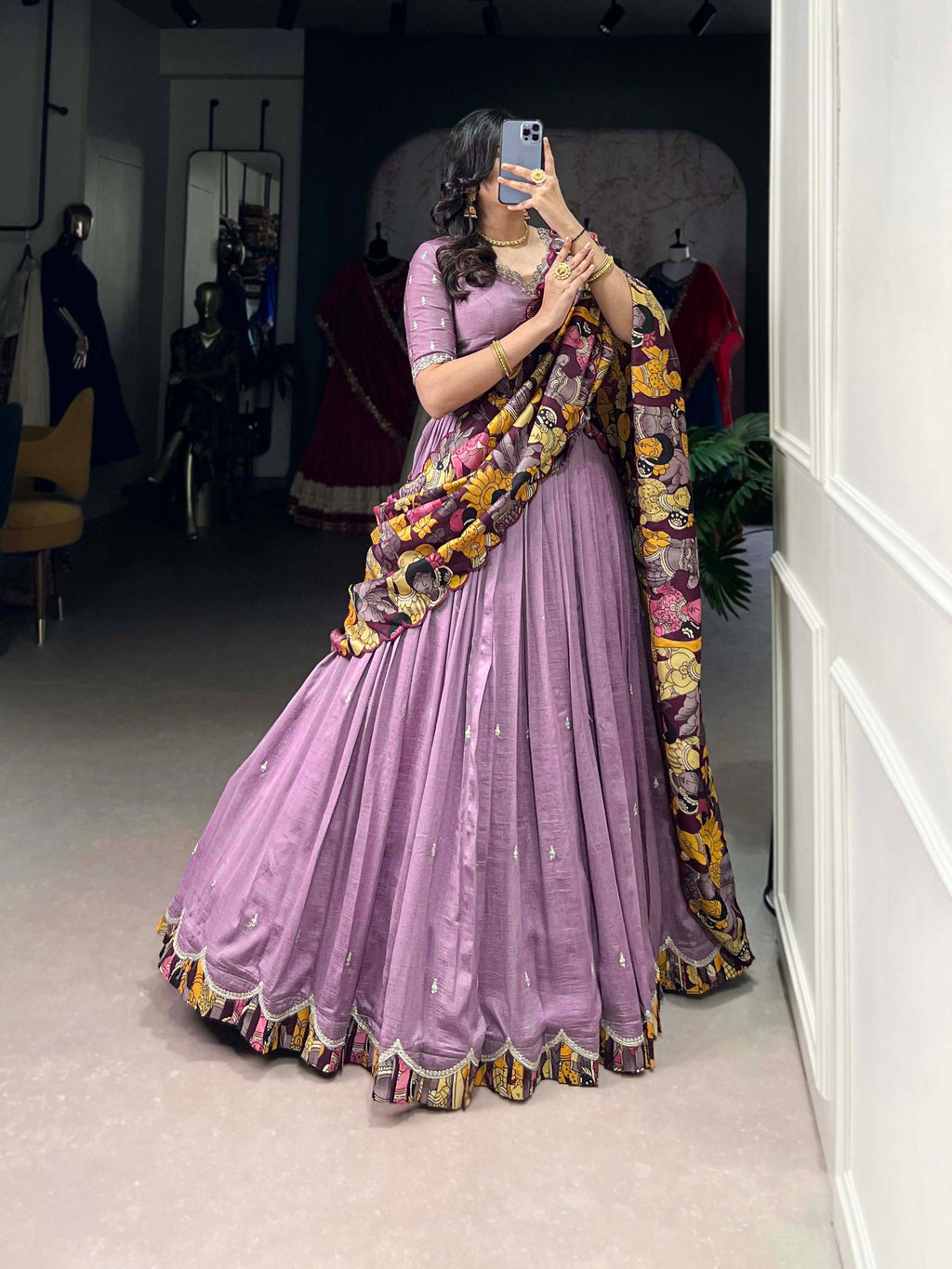 Lavender Vichitra Silk Embroidered Lehenga Set with Kalamkari Print Dupatta ClothsVilla