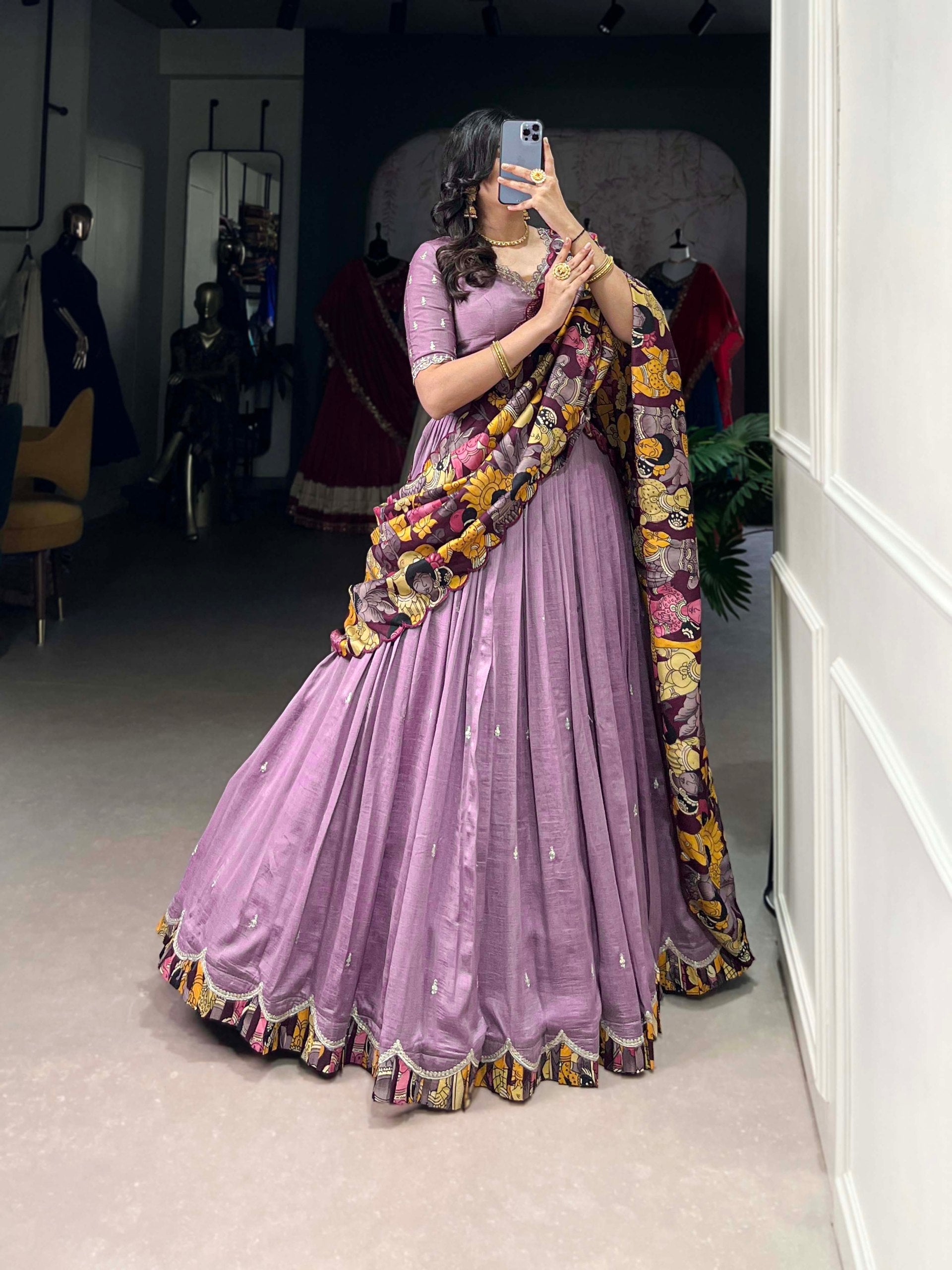 Lavender Vichitra Silk Embroidered Lehenga Set with Kalamkari Print Dupatta ClothsVilla