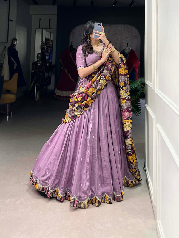 Lavender Vichitra Silk Embroidered Lehenga Set with Kalamkari Print Dupatta ClothsVilla