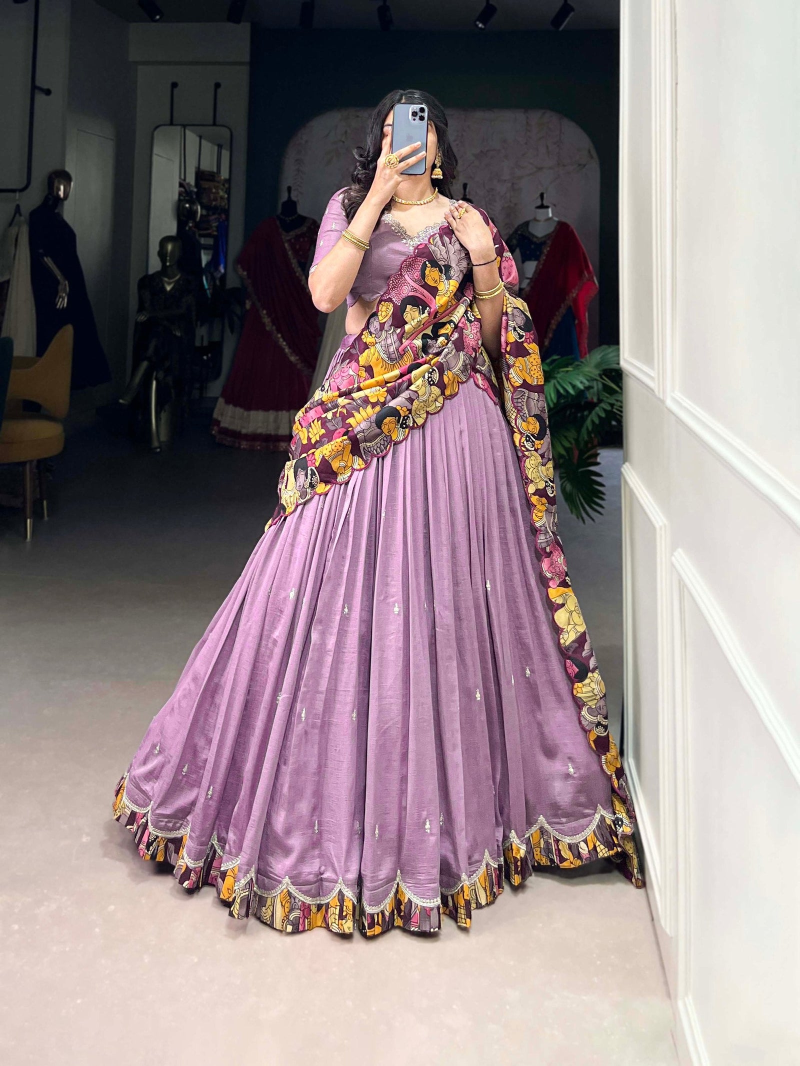 Lavender Vichitra Silk Embroidered Lehenga Set with Kalamkari Print Dupatta ClothsVilla