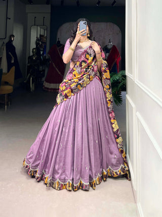 Lavender Vichitra Silk Embroidered Lehenga Set with Kalamkari Print Dupatta ClothsVilla