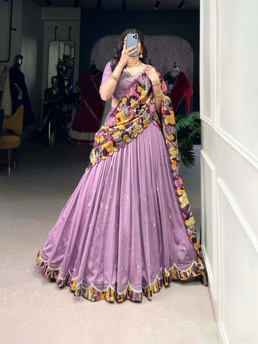 Lavender Vichitra Silk Embroidered Lehenga Set with Kalamkari Print Dupatta ClothsVilla