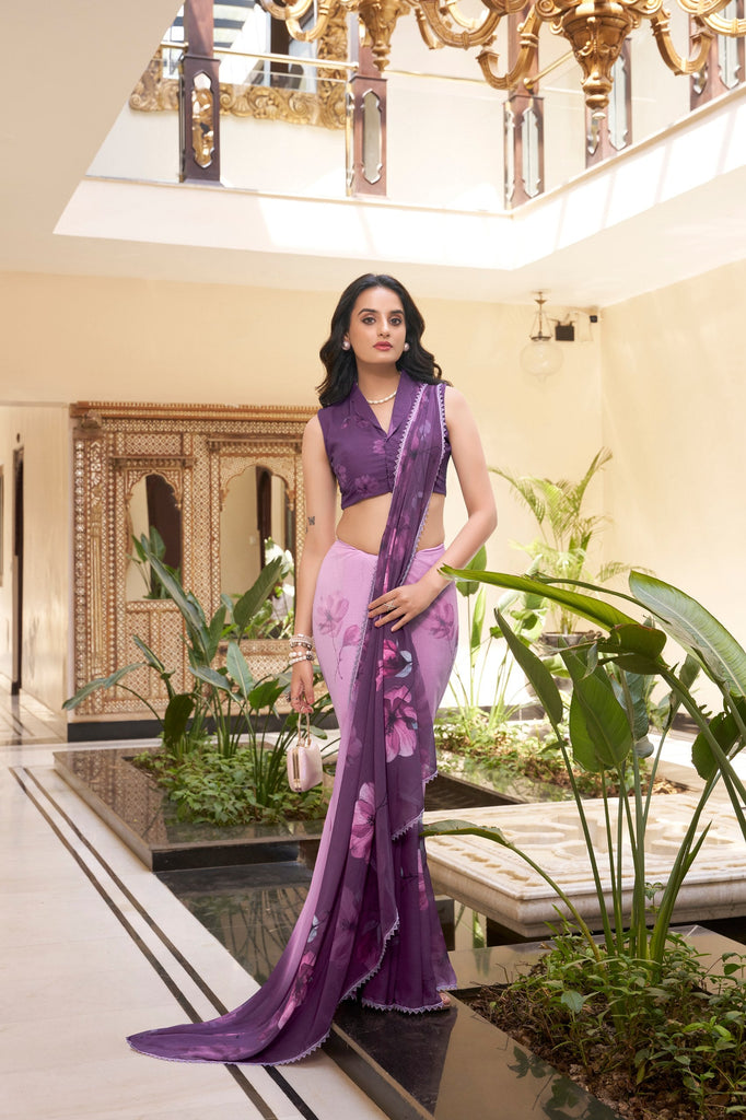 Lavender Weightless Marbal Floral Printed Saree with Lace Border & Matching Blouse ClothsVilla