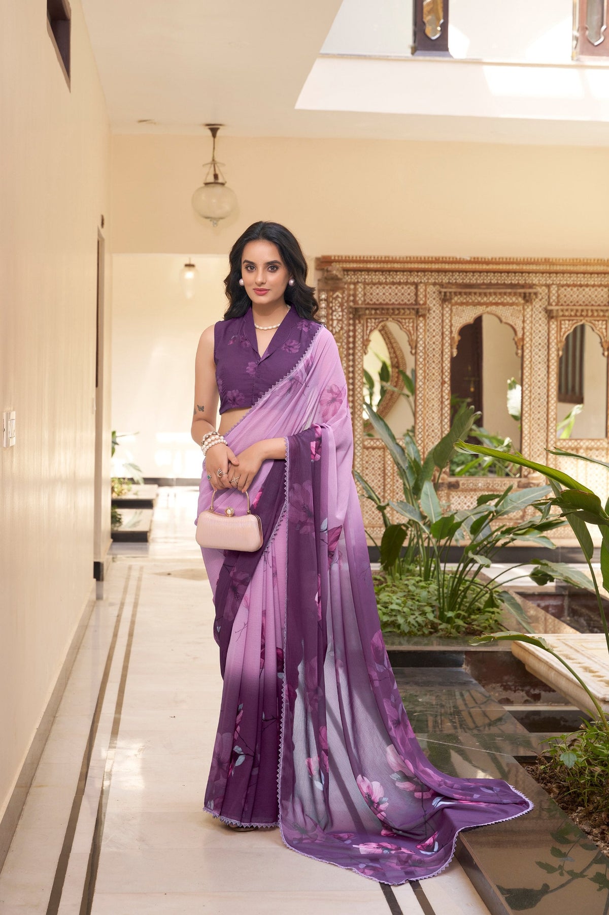 Lavender Weightless Marbal Floral Printed Saree with Lace Border & Matching Blouse ClothsVilla Main image