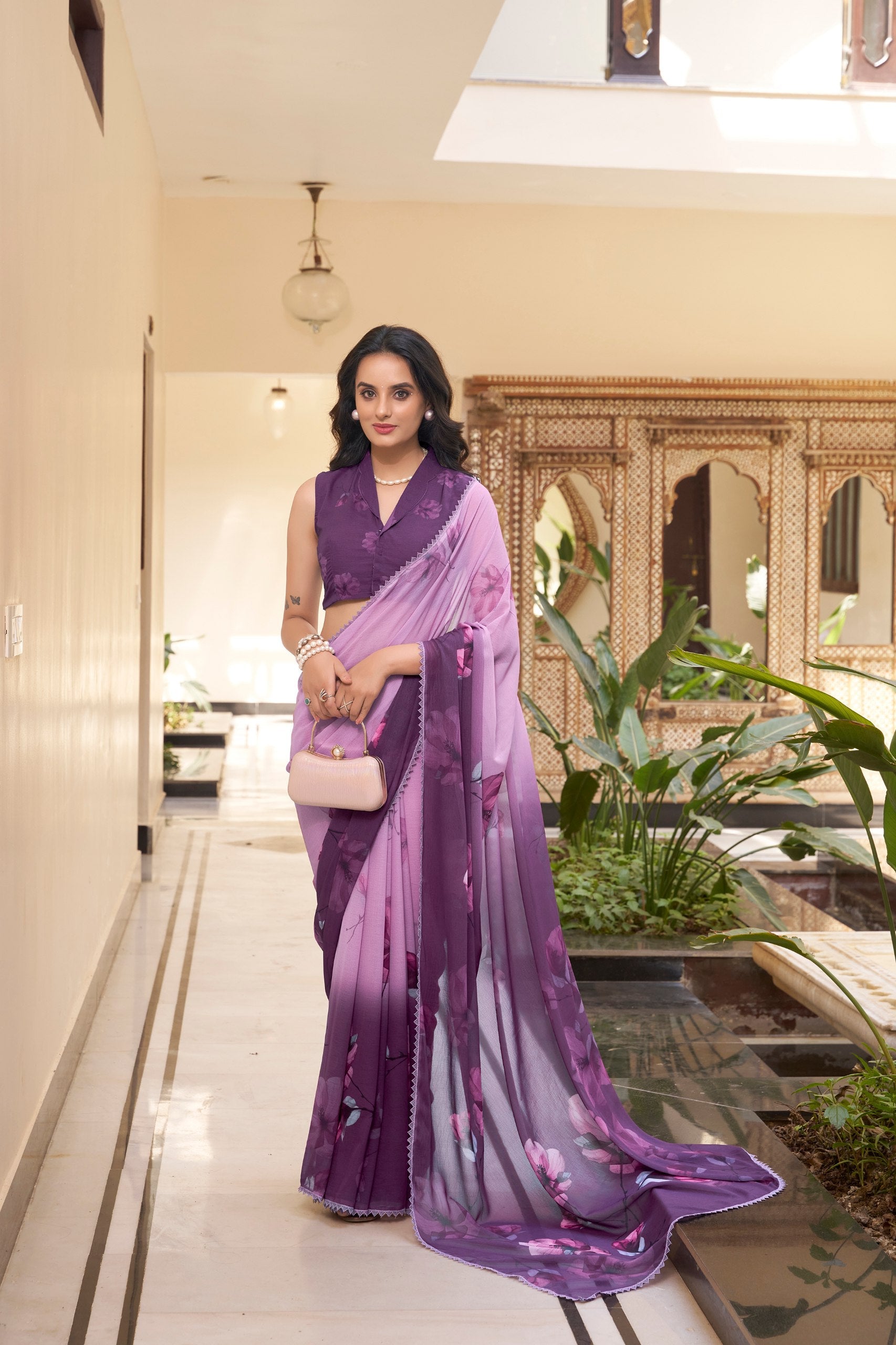 Lavender Weightless Marbal Floral Printed Saree with Lace Border & Matching Blouse ClothsVilla Main image
