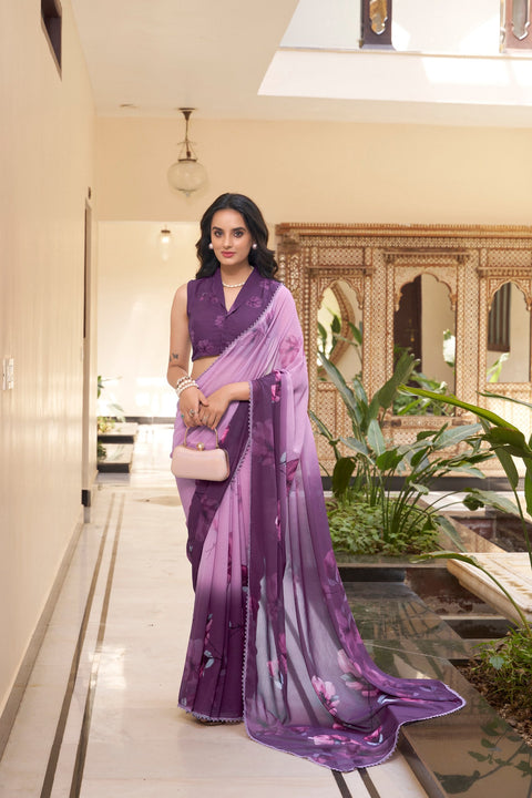Lavender Weightless Marbal Floral Printed Saree with Lace Border & Matching Blouse ClothsVilla Main image