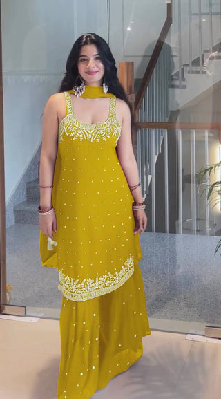Lemon Elegant Heavy Faux Georgette Handworked Sharara Set with Dupatta – Beads, Mirror & Sequin Embroidery ClothsVilla