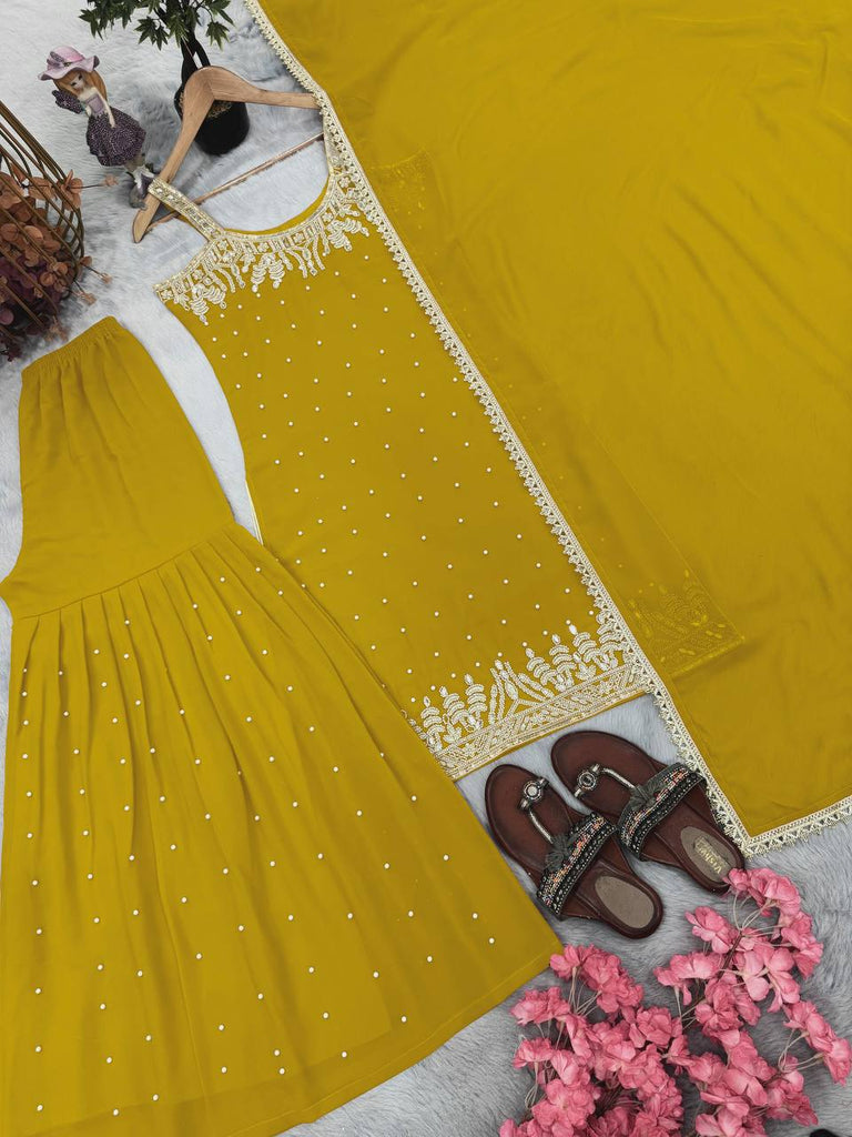 Lemon Elegant Heavy Faux Georgette Handworked Sharara Set with Dupatta – Beads, Mirror & Sequin Embroidery ClothsVilla