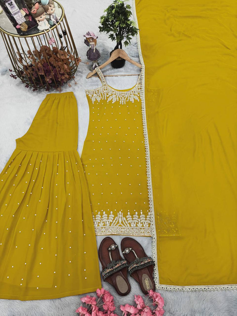 Lemon Elegant Heavy Faux Georgette Handworked Sharara Set with Dupatta – Beads, Mirror & Sequin Embroidery ClothsVilla