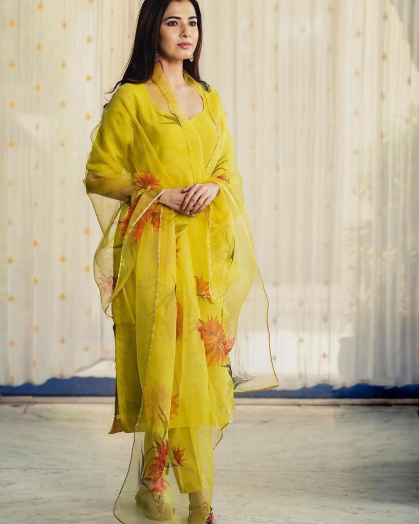 Lemon Elegant Pure Maska Cotton Silk Kurti Set with Organza Dupatta